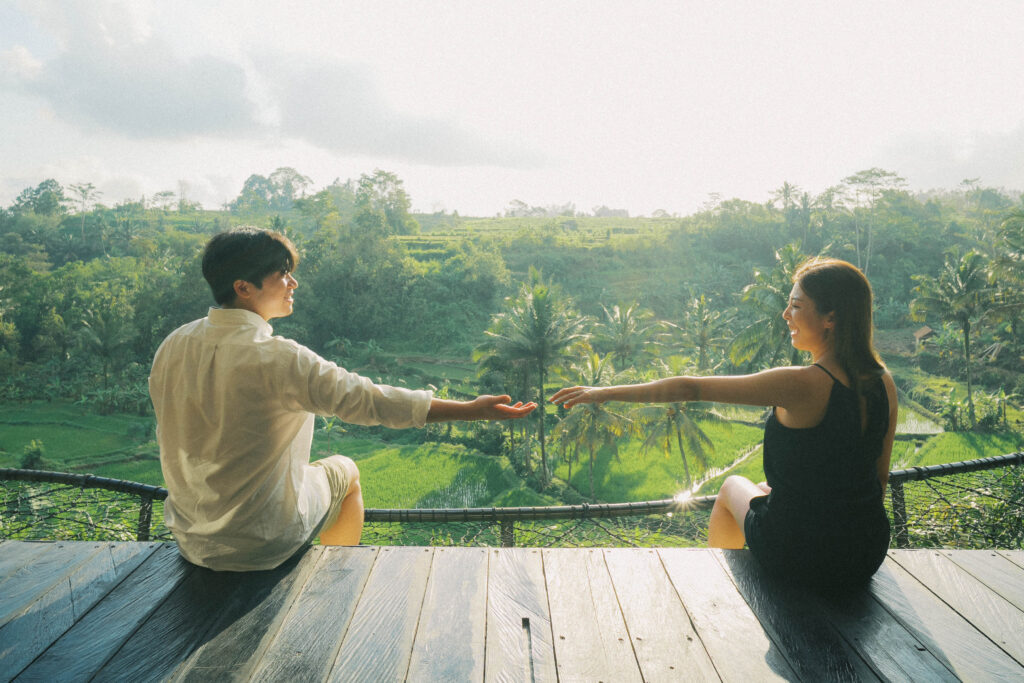 Bamboo architecture of Camaya Bali villa during golden hour with elegant filmic lighting