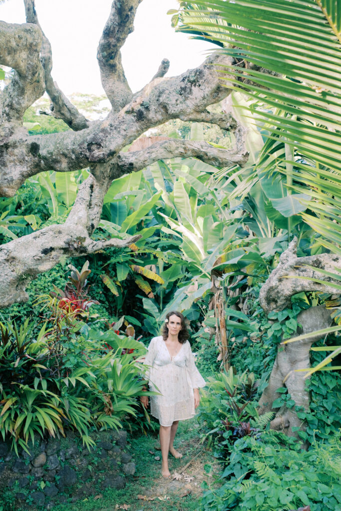 Middle-aged woman Laura solo photoshoot in ripening rice fields at Camaya Bali