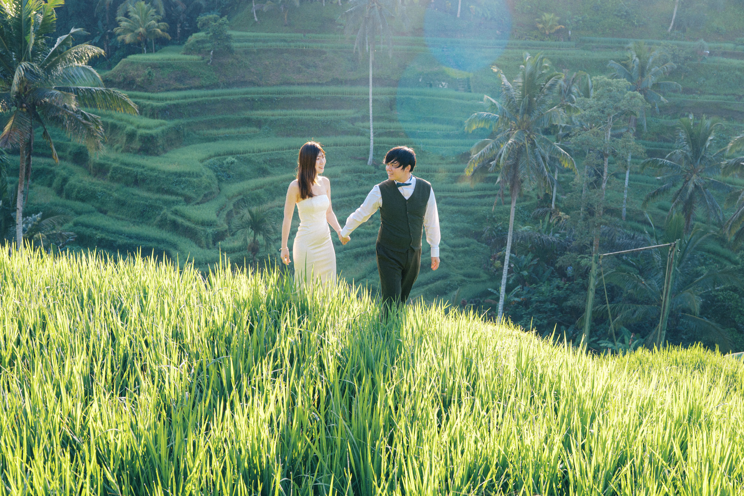 Tatsu and Mika walking hand in hand through sunlit rice terraces in Ubud