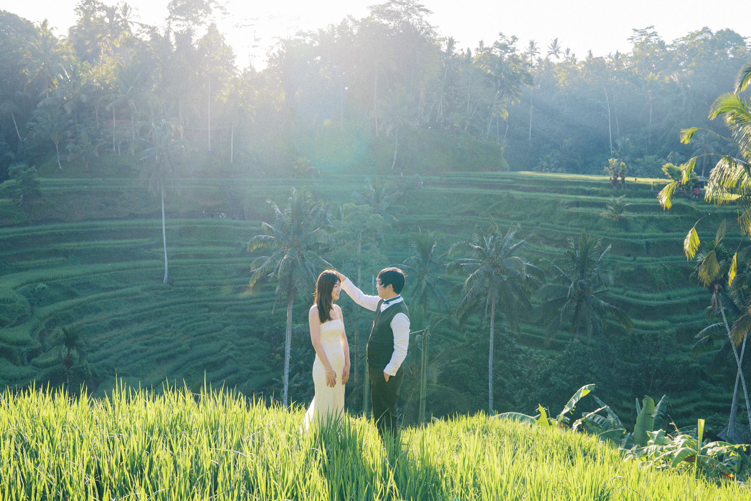 Tatsu and Mika raising their joined hands in the morning light among rice fields